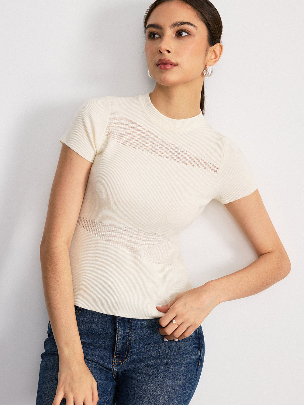 Sheer Panel Mock Neck Short Sleeve T-Shirt  Liora Lane Boutique T-Shirts