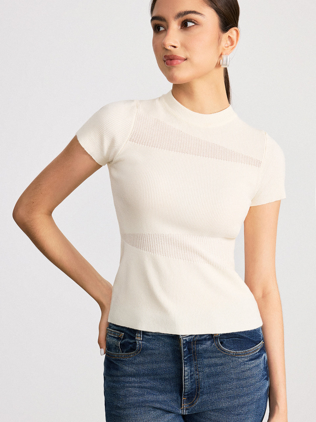 Sheer Panel Mock Neck Short Sleeve T-Shirt  Liora Lane Boutique T-Shirts Apricot / L 22.00