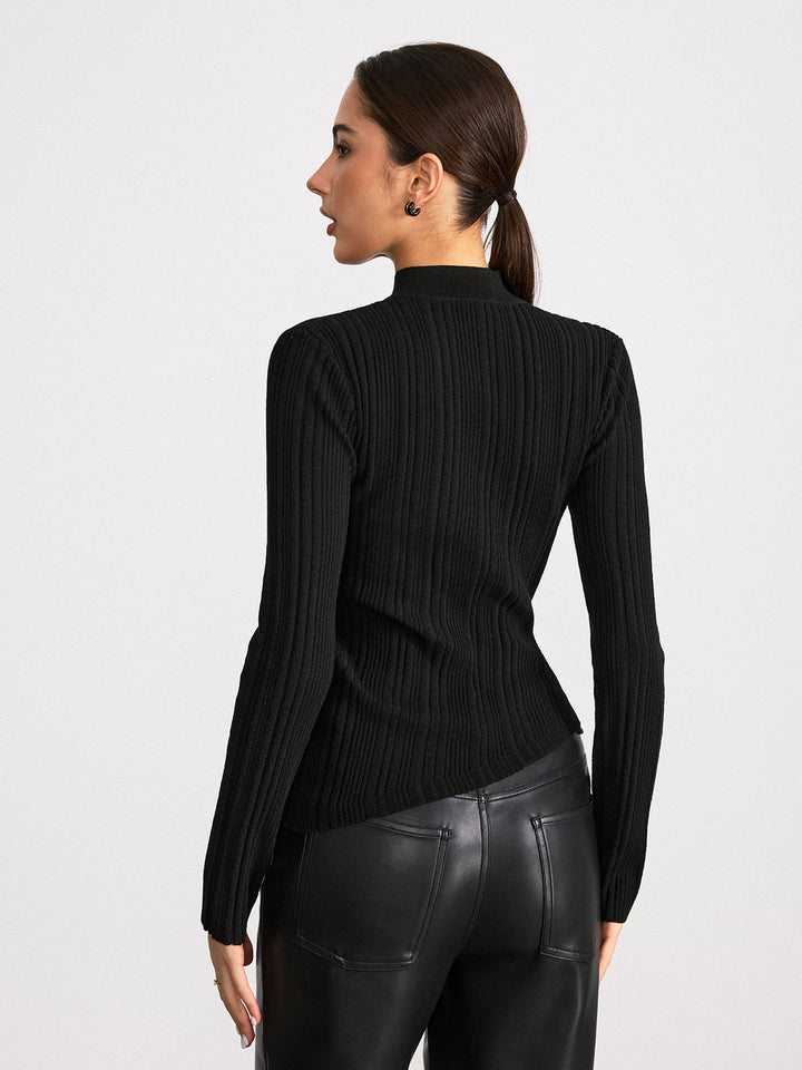 Metal Knot Detail Asymmetric Ribbed Sweater  Liora Lane Boutique Sweaters