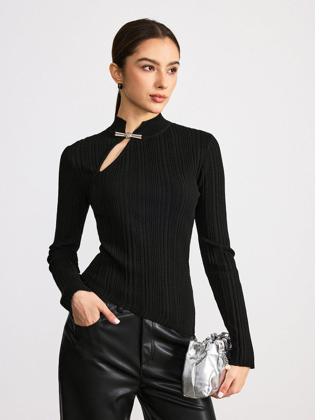 Metal Knot Detail Asymmetric Ribbed Sweater  Liora Lane Boutique Sweaters Black / XL 49.00