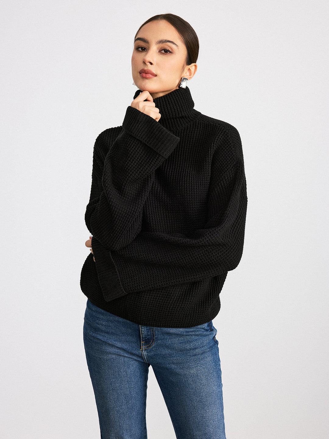 Turtleneck Waffle-Knit Flared Sleeve Sweater  Liora Lane Boutique Sweaters