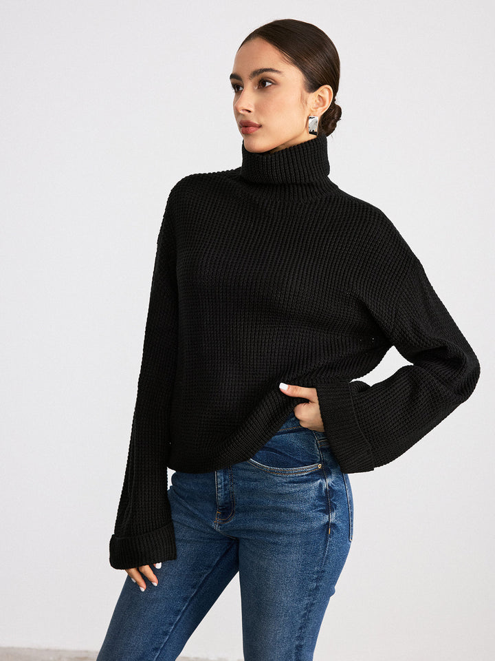 Turtleneck Waffle-Knit Flared Sleeve Sweater  Liora Lane Boutique Sweaters Black / L 42.00