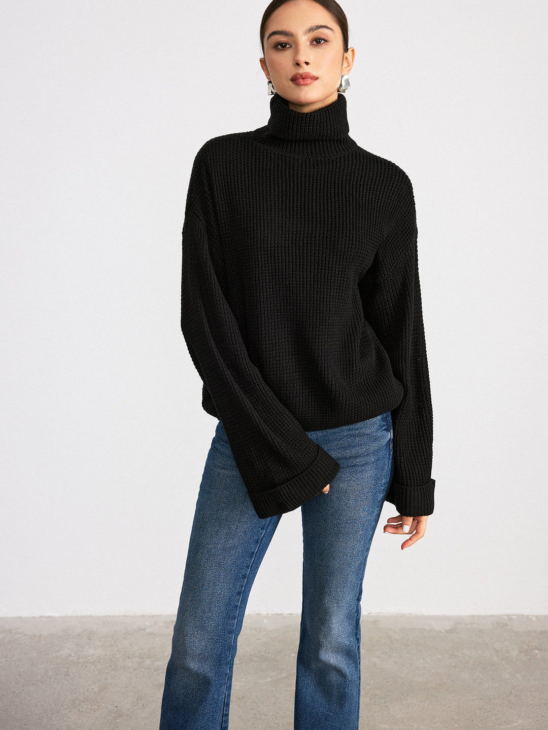 Turtleneck Waffle-Knit Flared Sleeve Sweater  Liora Lane Boutique Sweaters
