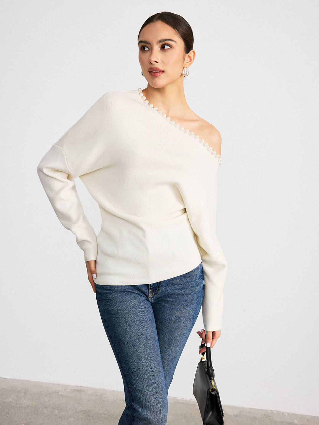 Off-Shoulder Pearl Embellished Wool Blend Sweater  Liora Lane Boutique Sweaters