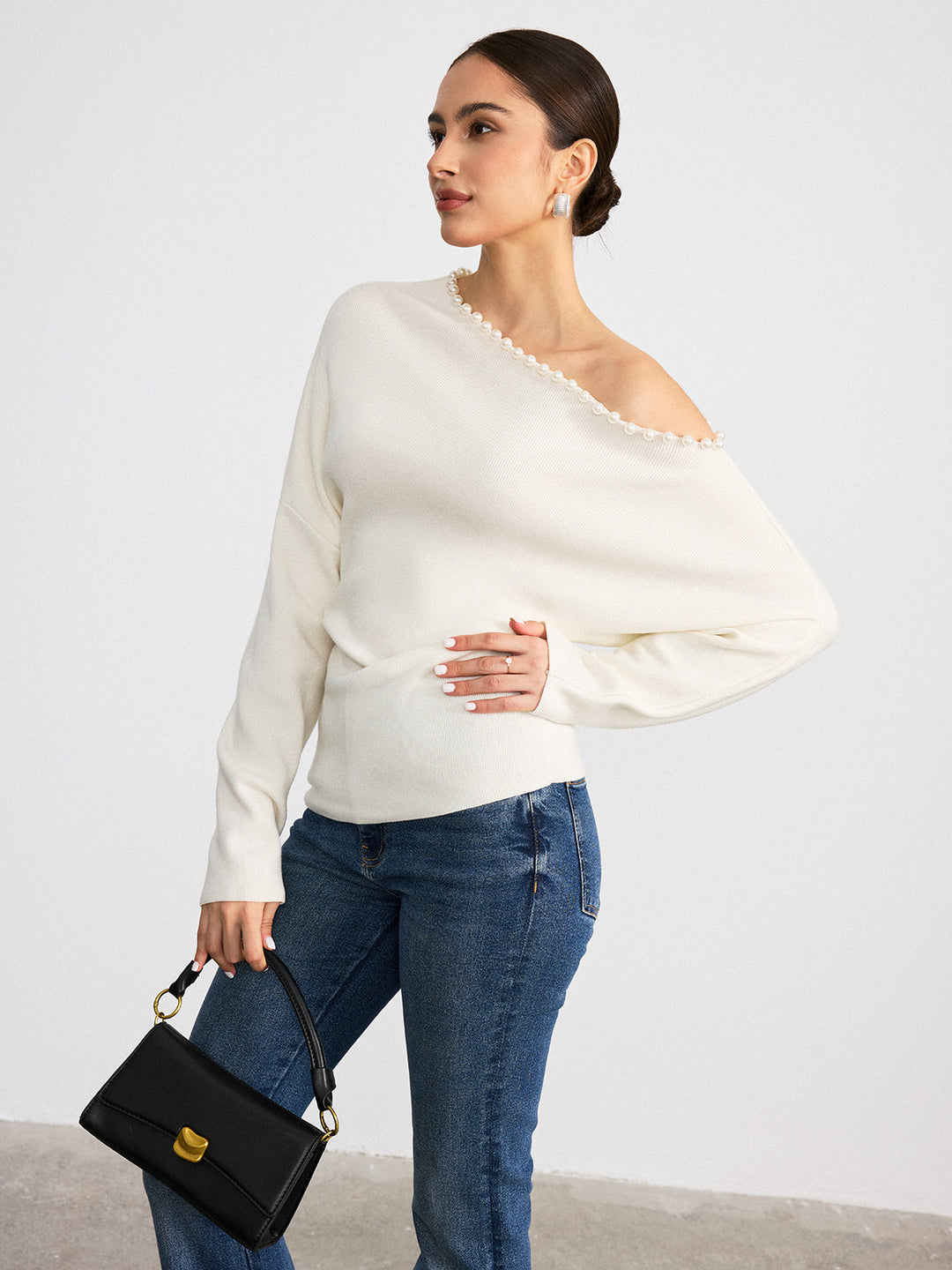 Off-Shoulder Pearl Embellished Wool Blend Sweater  Liora Lane Boutique Sweaters
