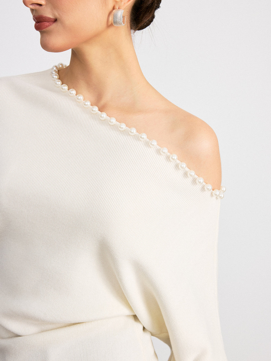 Off-Shoulder Pearl Embellished Wool Blend Sweater  Liora Lane Boutique Sweaters