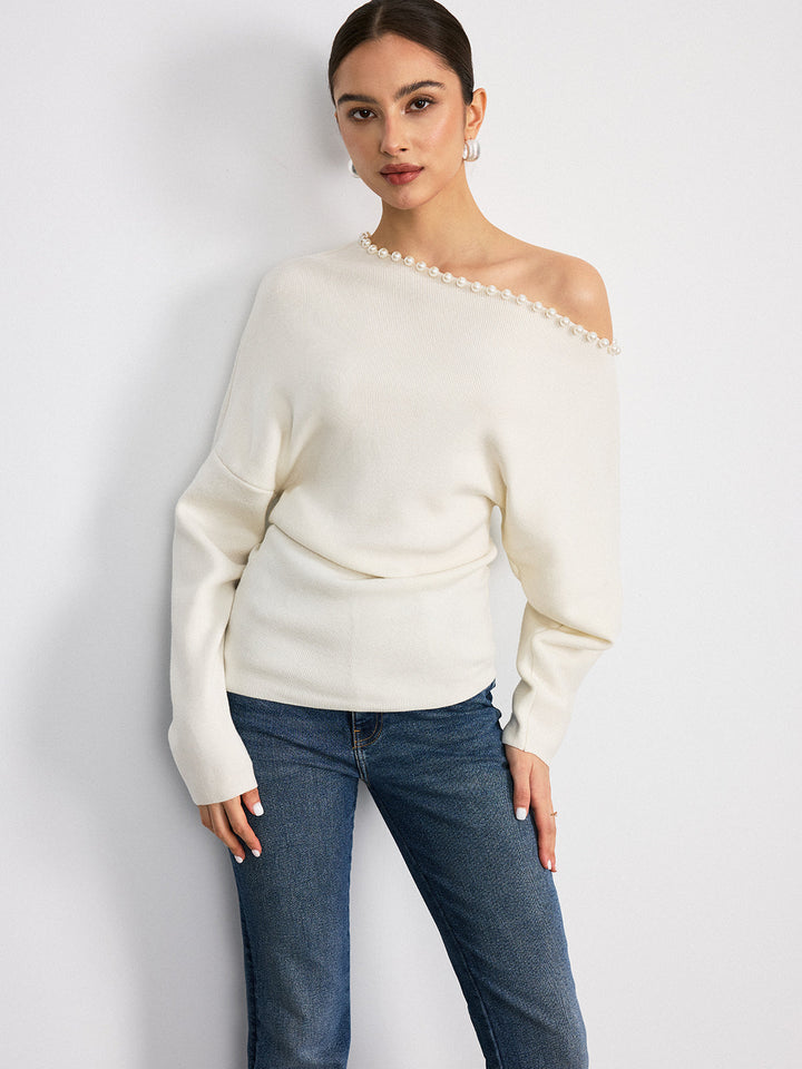 Off-Shoulder Pearl Embellished Wool Blend Sweater  Liora Lane Boutique Sweaters White / XL 56.00