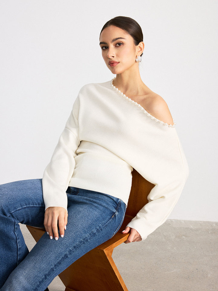 Off-Shoulder Pearl Embellished Wool Blend Sweater  Liora Lane Boutique Sweaters