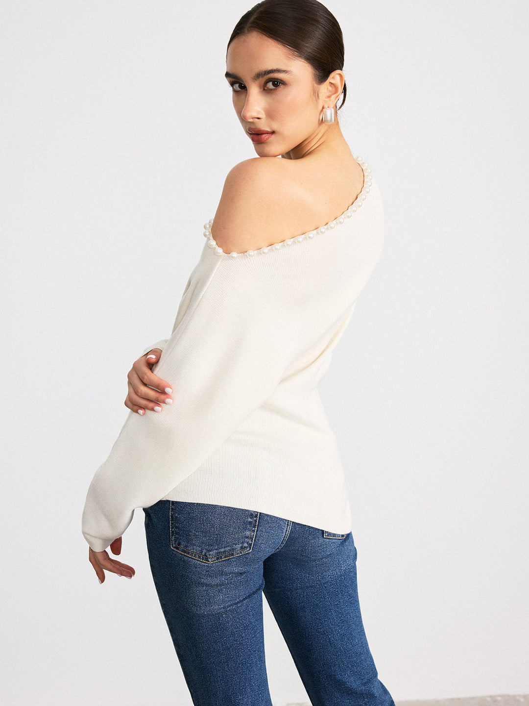 Off-Shoulder Pearl Embellished Wool Blend Sweater  Liora Lane Boutique Sweaters
