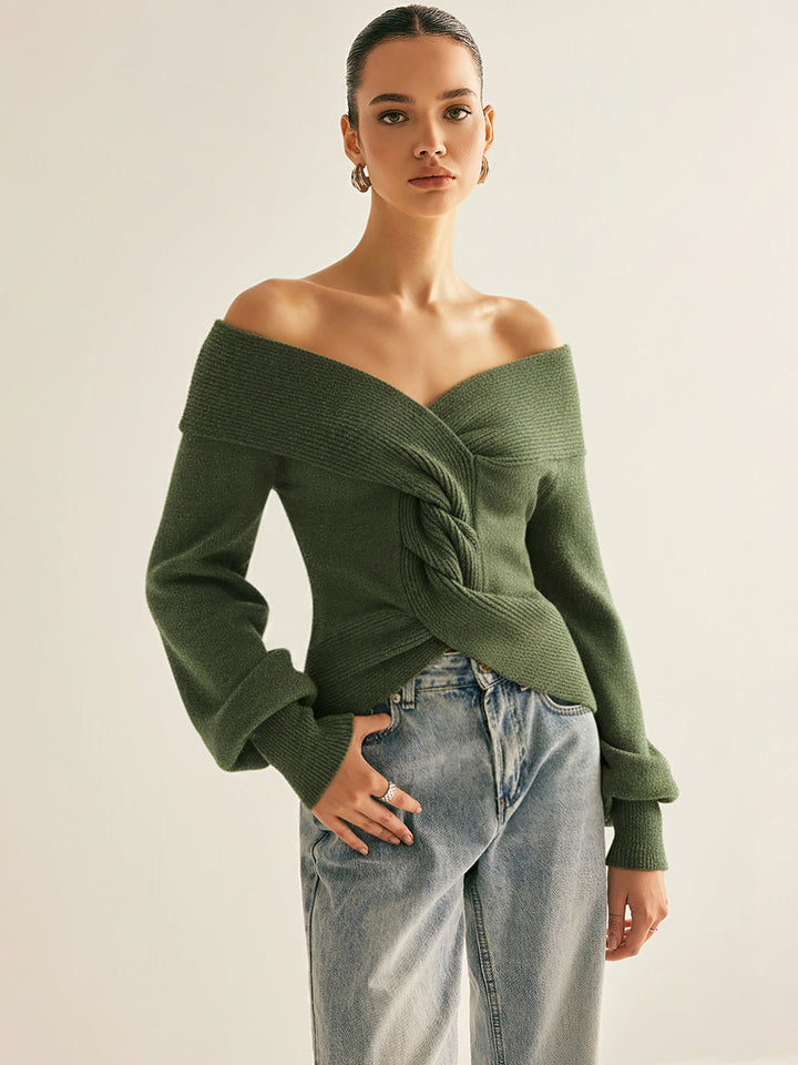 Off-Shoulder Twist Knit Top  Liora Lane Boutique Knit Tops ArmyGreen / XL 49.00