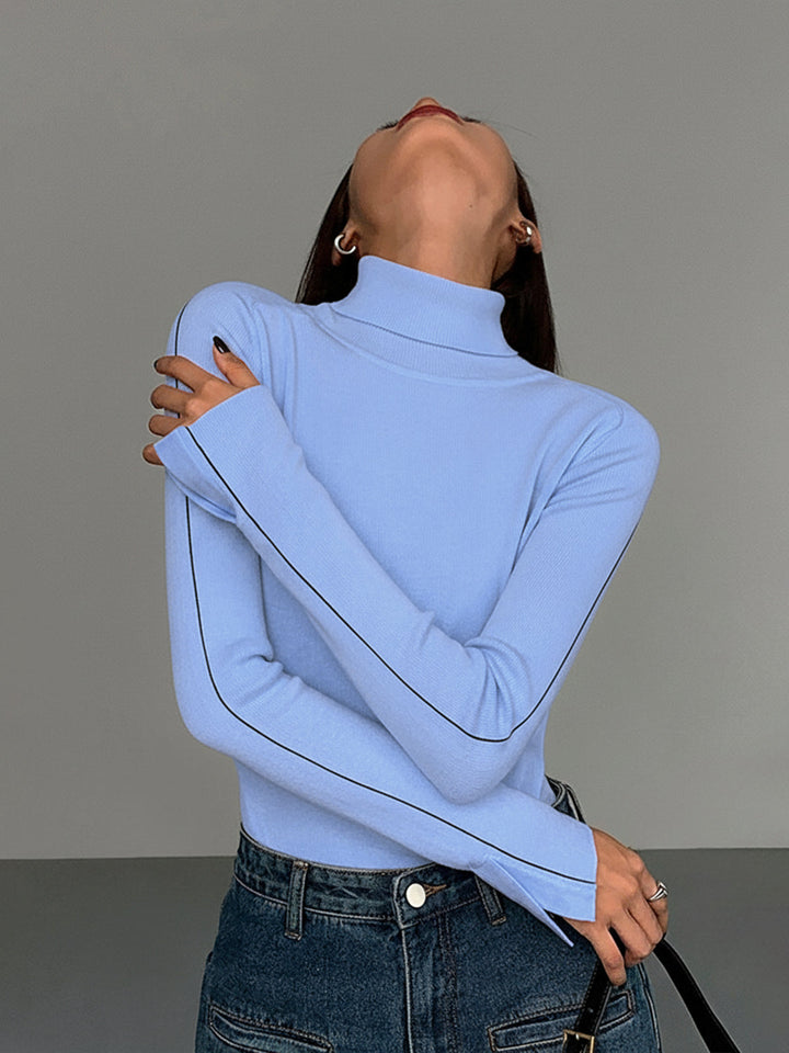 Contrast Piping Turtleneck Sweater  Liora Lane Boutique Sweaters Blue / XL 39.00