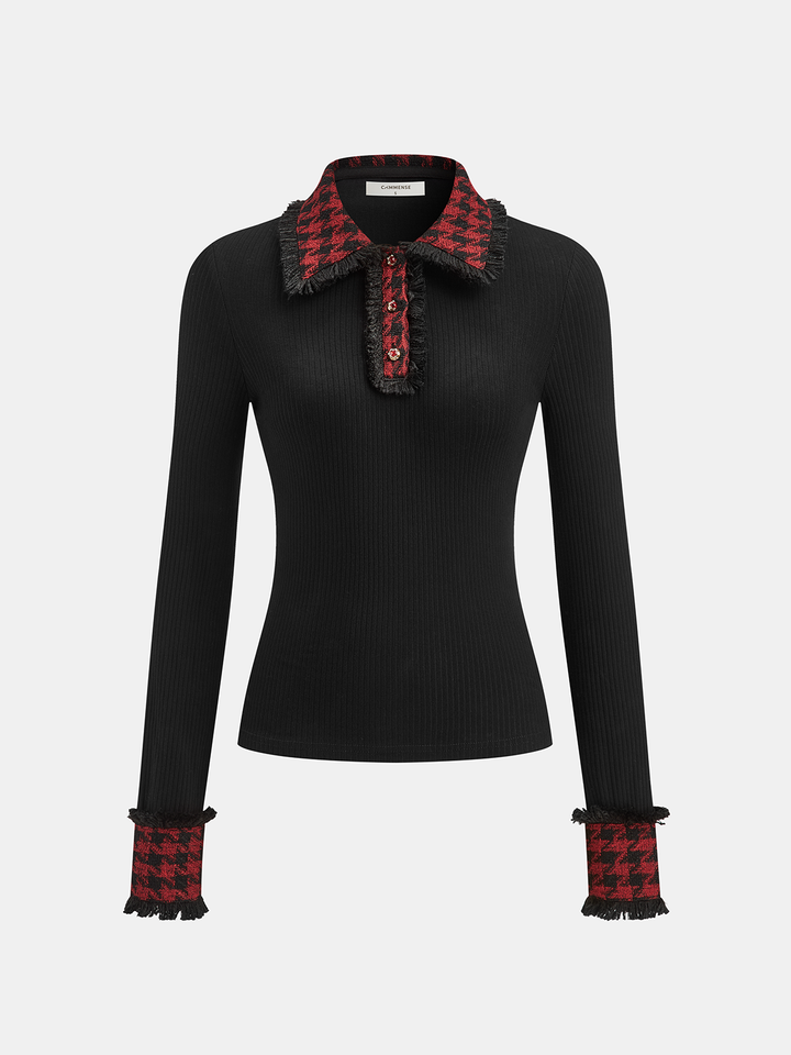 Contrast Checkered Collar Ribbed Knit Top  Liora Lane Boutique Knit Tops