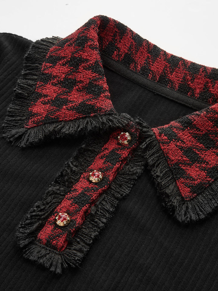 Contrast Checkered Collar Ribbed Knit Top  Liora Lane Boutique Knit Tops