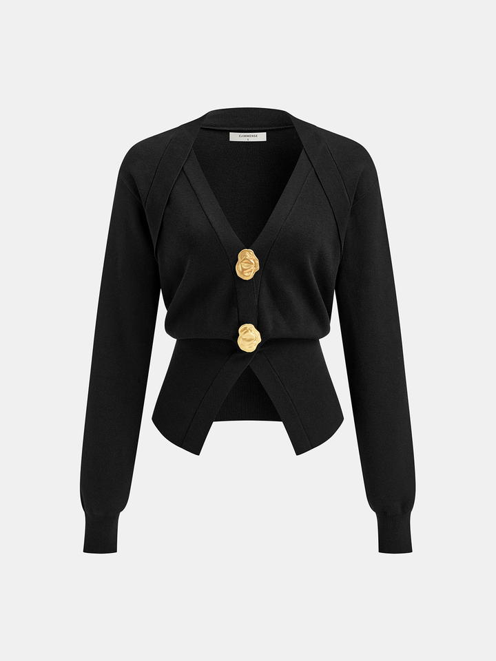 Metal Button V-Neck Knit Cardigan  Liora Lane Boutique Cardigans Black / XL 52.00