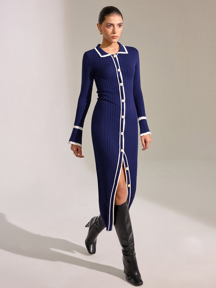 Contrast Trim Button Front Slim Fit Midi Dress  Liora Lane Boutique Sweater Dresses
