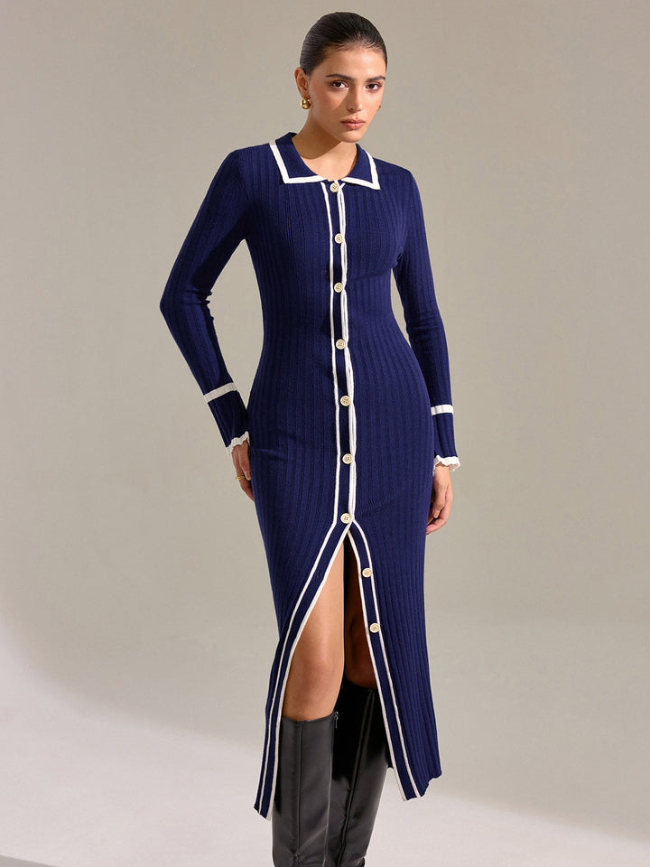 Contrast Trim Button Front Slim Fit Midi Dress  Liora Lane Boutique Sweater Dresses