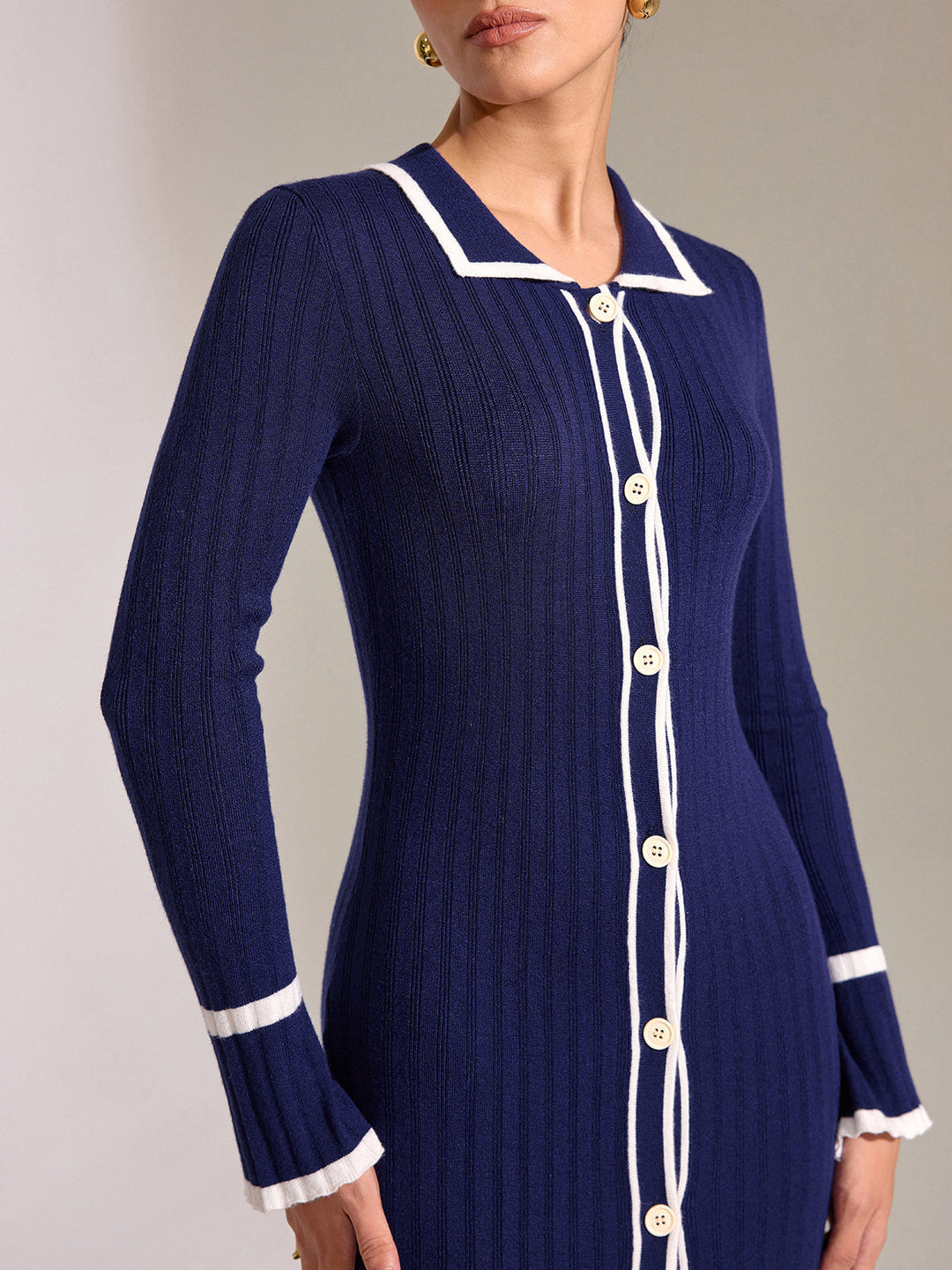Contrast Trim Button Front Slim Fit Midi Dress  Liora Lane Boutique Sweater Dresses