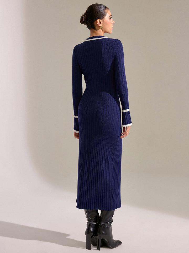 Contrast Trim Button Front Slim Fit Midi Dress  Liora Lane Boutique Sweater Dresses