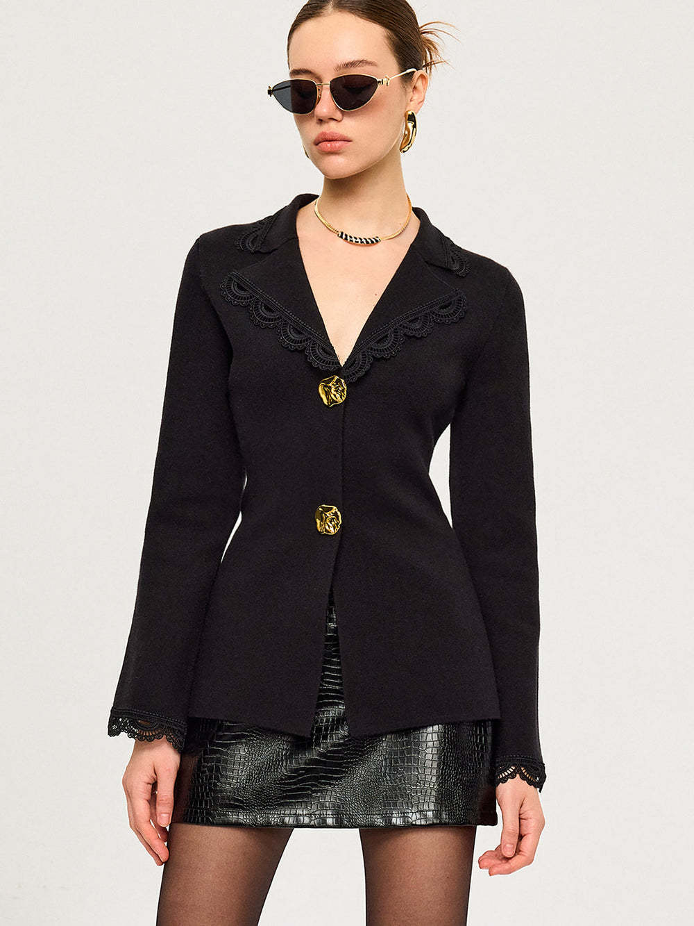 Wool Blend Lace Trim Metal Button Cardigan  Liora Lane Boutique Cardigans