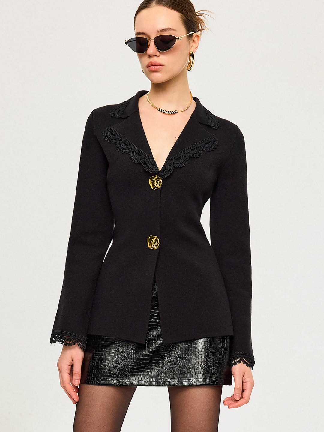 Wool Blend Lace Trim Metal Button Cardigan  Liora Lane Boutique Cardigans