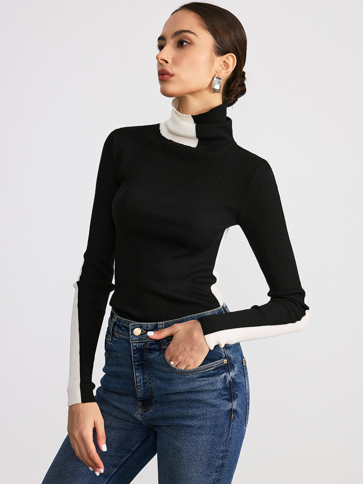 Color-Block Turtleneck Ribbed Knit Top  Liora Lane Boutique Knit Tops BlackandWhite / XL 39.00