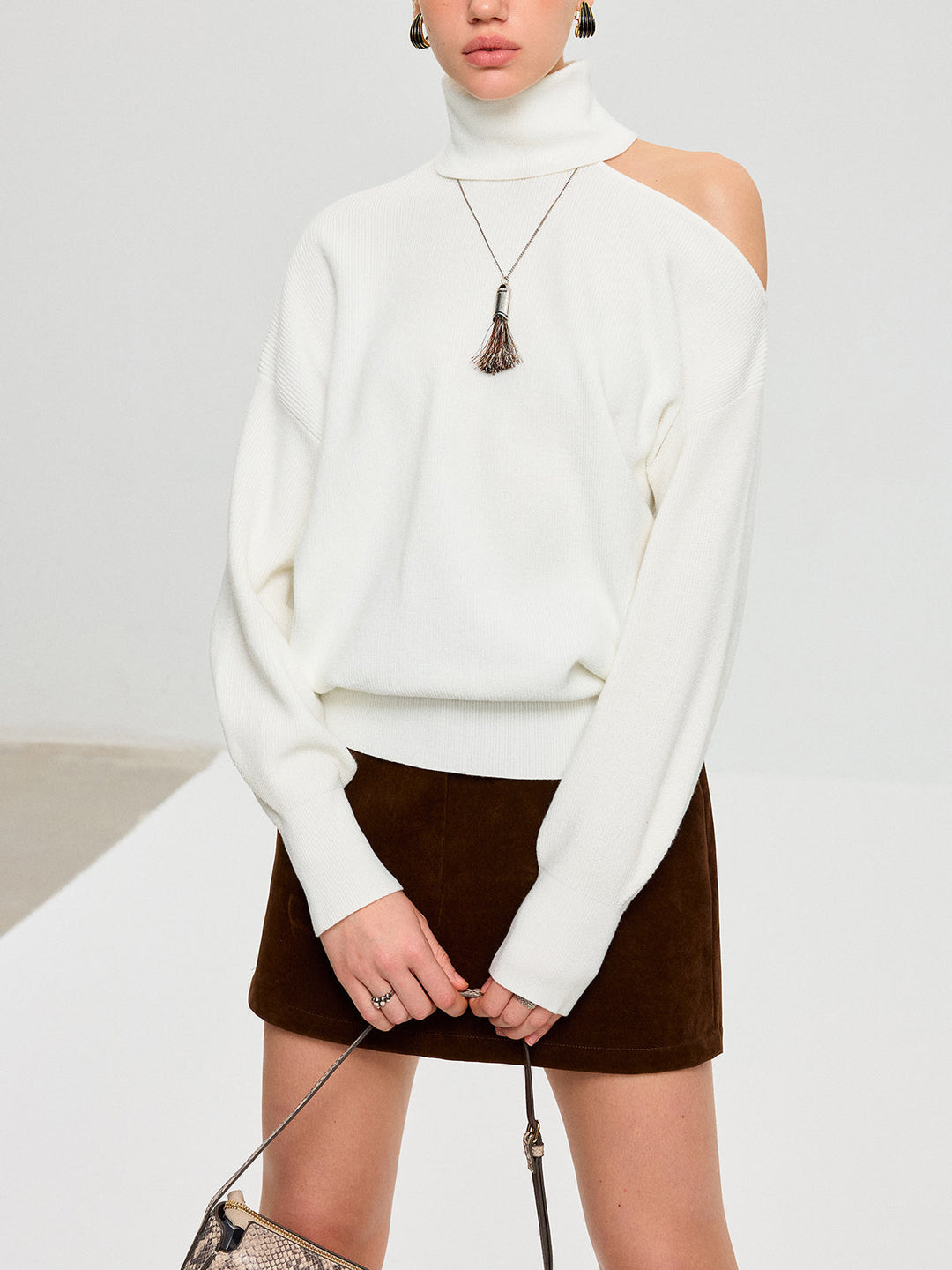 Turtleneck Cold Shoulder Wool Blend Sweater  Liora Lane Boutique Sweaters White / XL 49.00