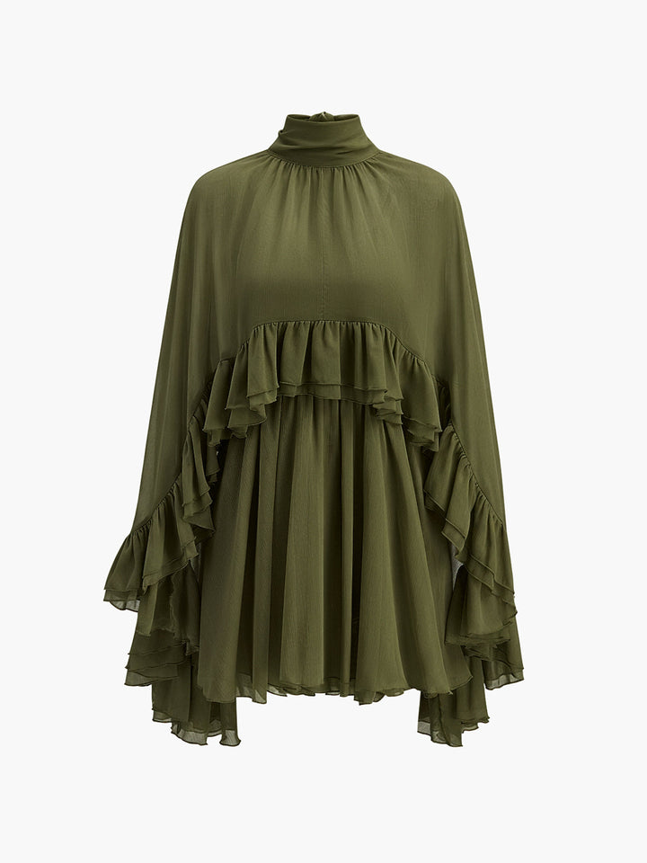Semi-Sheer Chiffon Ruffle Dress With Outer Cape  Liora Lane Boutique Dresses Dark Green / XL 74.00
