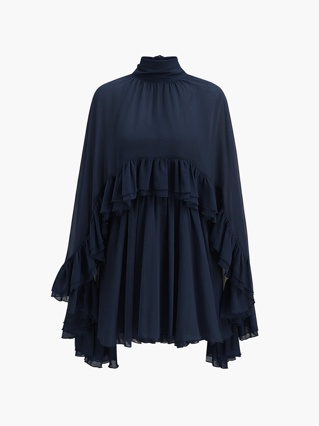 Semi-Sheer Chiffon Ruffle Dress With Outer Cape  Liora Lane Boutique Dresses Navy / XL 74.00