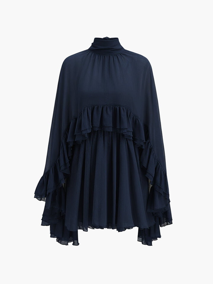 Semi-Sheer Chiffon Ruffle Dress With Outer Cape  Liora Lane Boutique Dresses Navy / XL 74.00