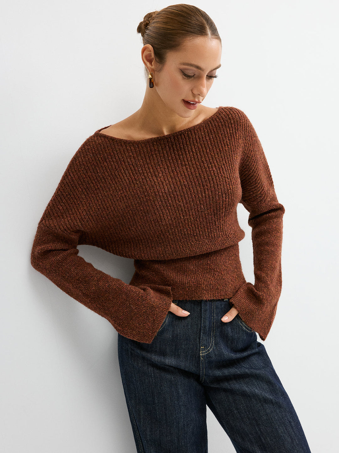 Wool Blend Off-Shoulder Sweater  Liora Lane Boutique Sweaters Dark Brown / XL 38.00