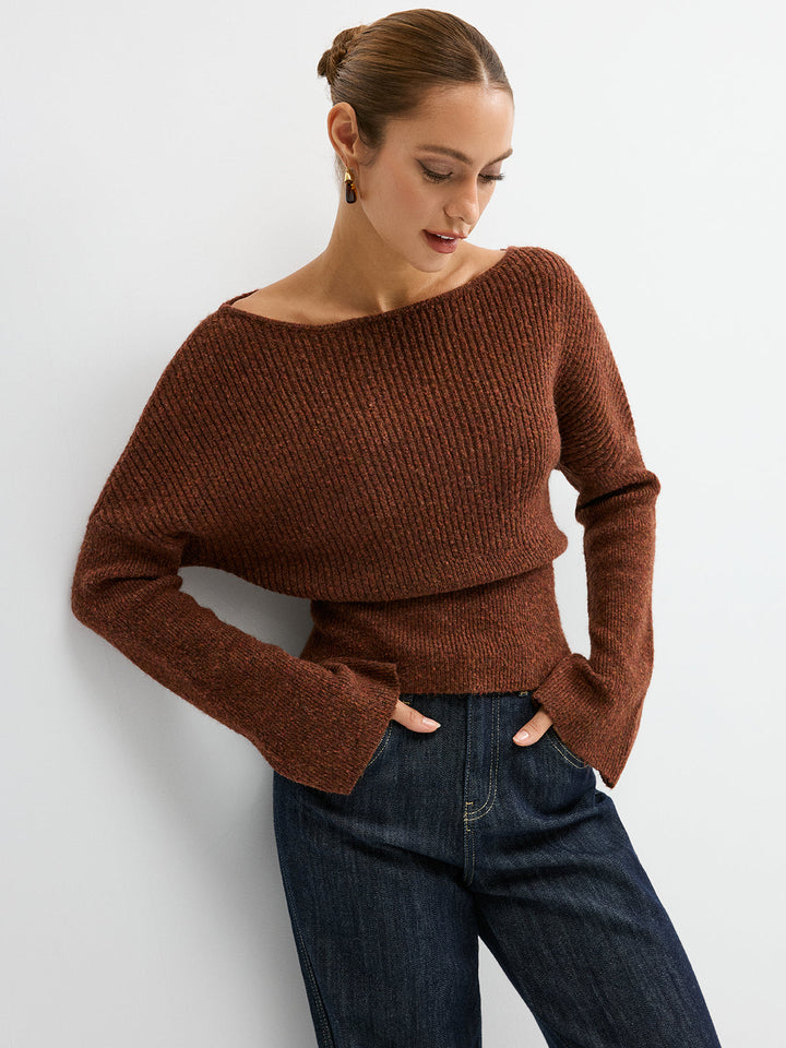 Wool Blend Off-Shoulder Sweater  Liora Lane Boutique Sweaters Dark Brown / XL 38.00