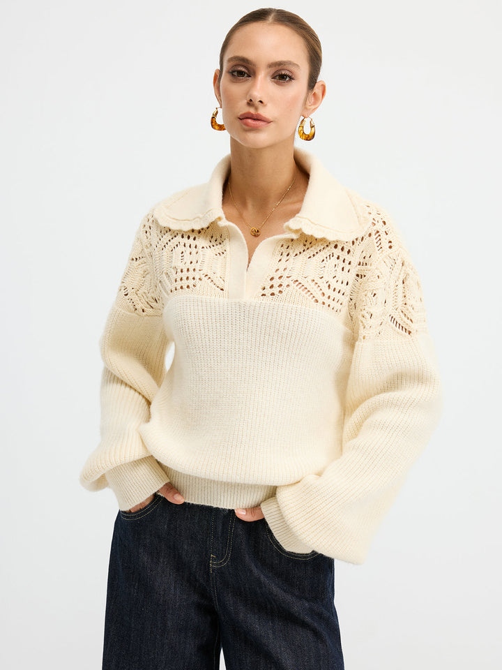 Openwork Polo Knit Sweater  Liora Lane Boutique Sweaters Apricot / XL 49.00