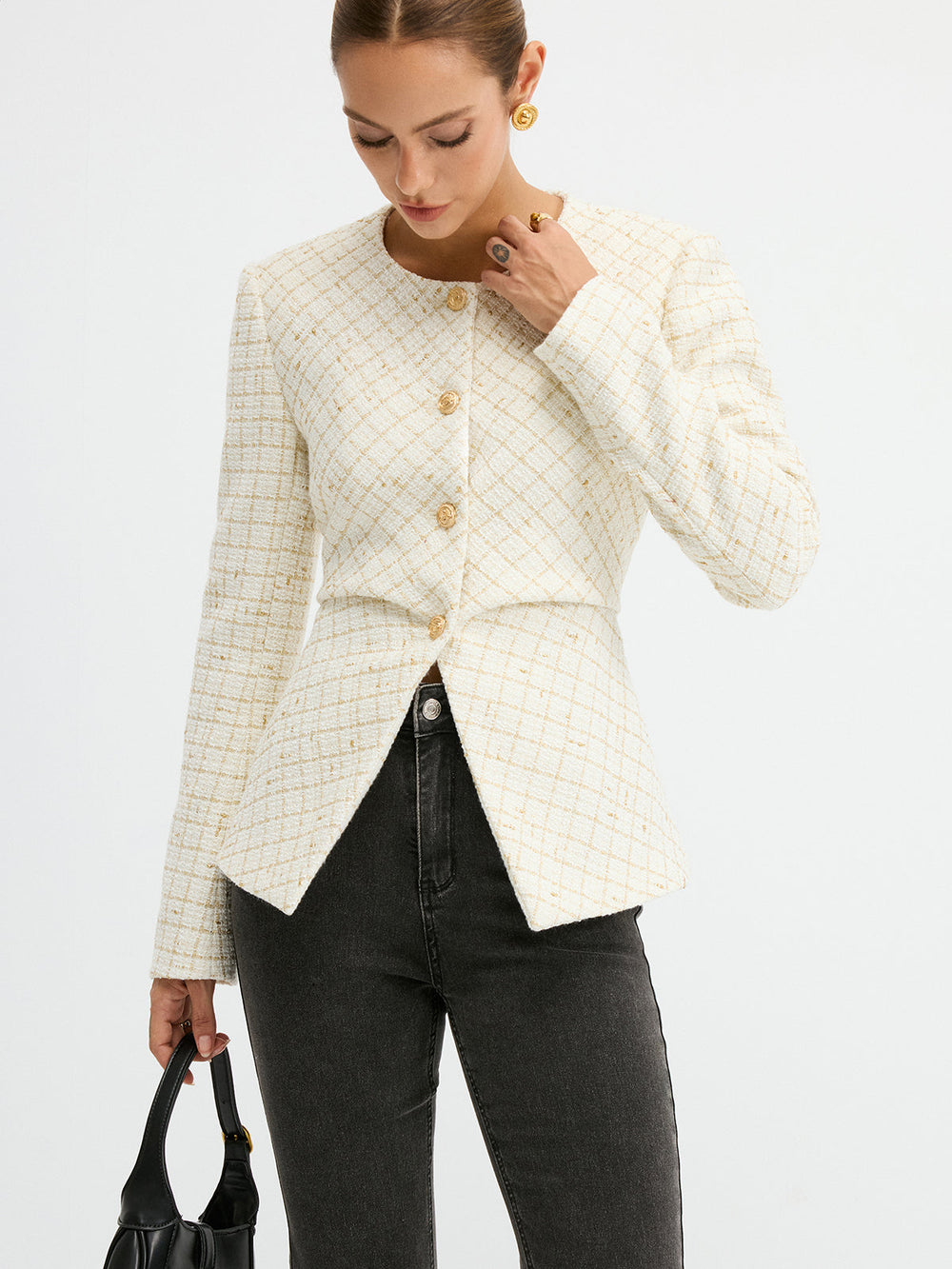 Tweed Round Neck Waist-Cinching Blazer  Liora Lane Boutique Blazers
