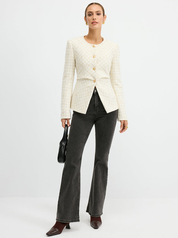 Tweed Round Neck Waist-Cinching Blazer  Liora Lane Boutique Blazers