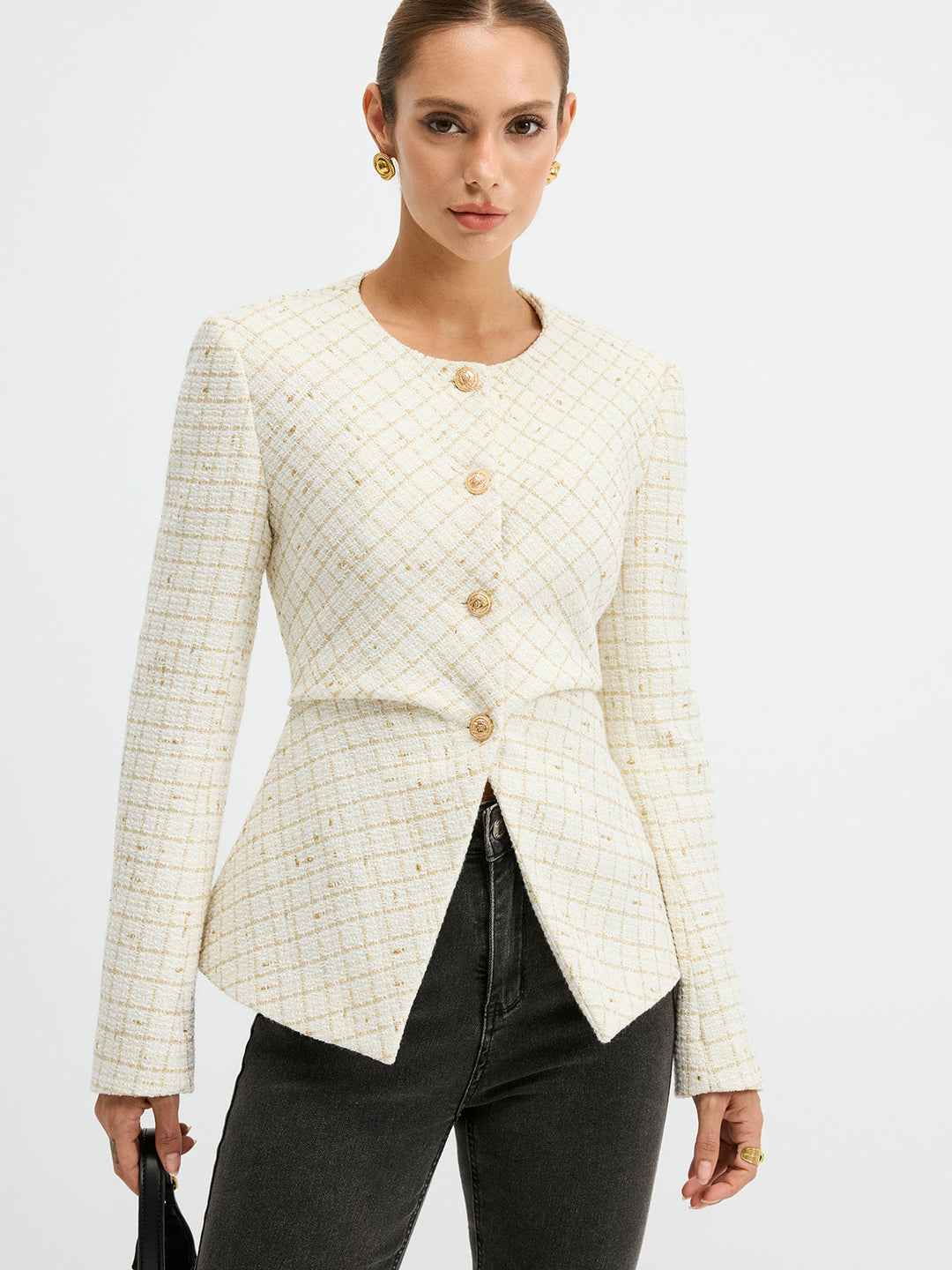 Tweed Round Neck Waist-Cinching Blazer  Liora Lane Boutique Blazers Off-White / XL 161.00