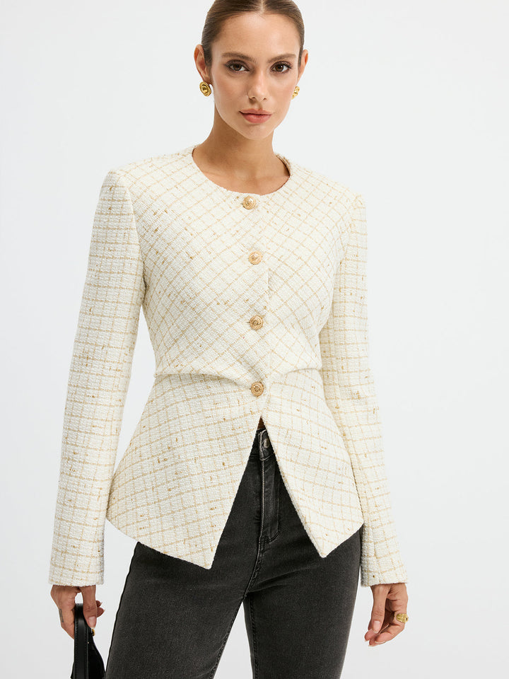 Tweed Round Neck Waist-Cinching Blazer  Liora Lane Boutique Blazers Off-White / XL 161.00