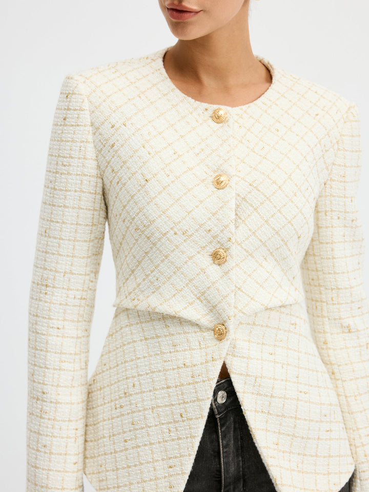 Tweed Round Neck Waist-Cinching Blazer  Liora Lane Boutique Blazers