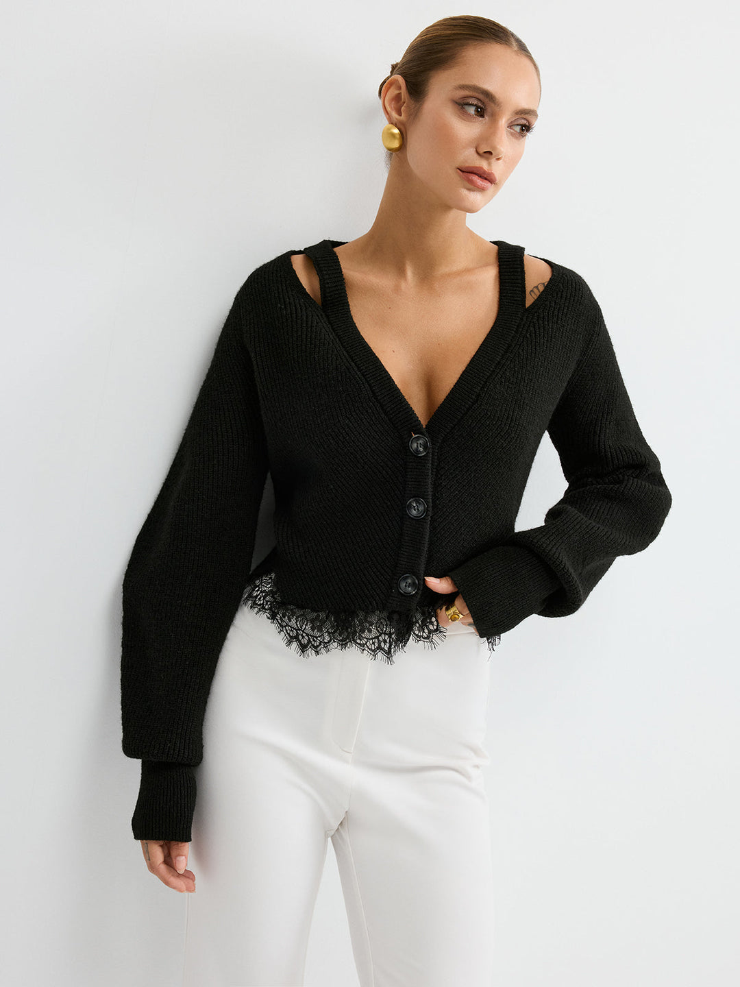 Lace Hem Wool Blend Cardigan  Liora Lane Boutique Cardigans Black / XL 59.00