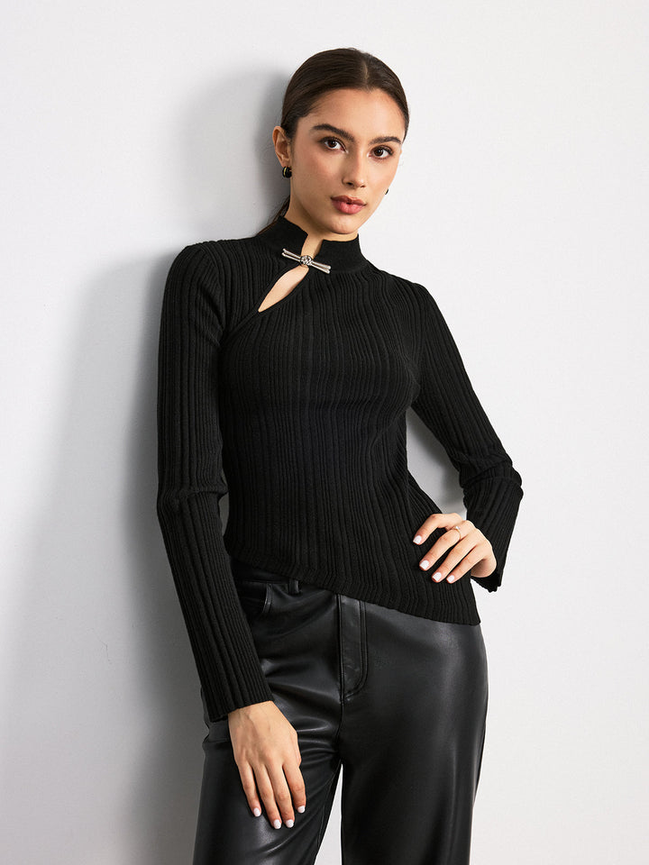 Metal Knot Detail Asymmetric Ribbed Sweater  Liora Lane Boutique Sweaters