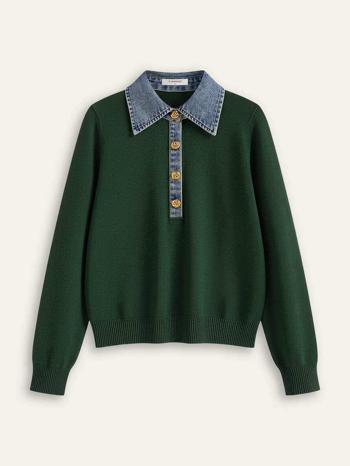 Denim Collar Wool Blend Knit Top  Liora Lane Boutique Knit Tops ArmyGreen / XL 54.00