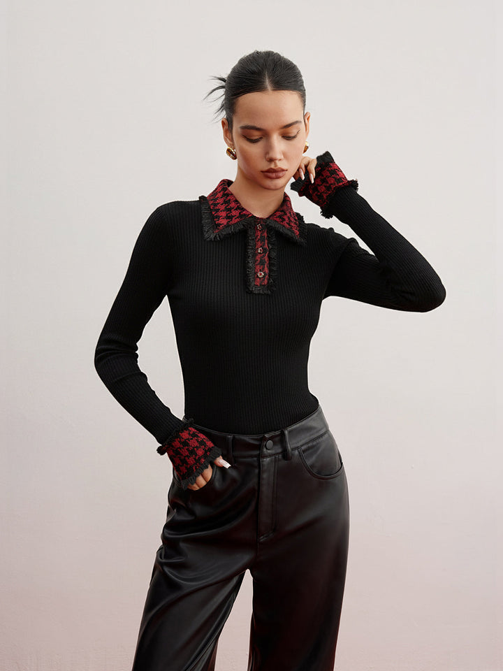 Contrast Checkered Collar Ribbed Knit Top  Liora Lane Boutique Knit Tops Black / XL 46.00