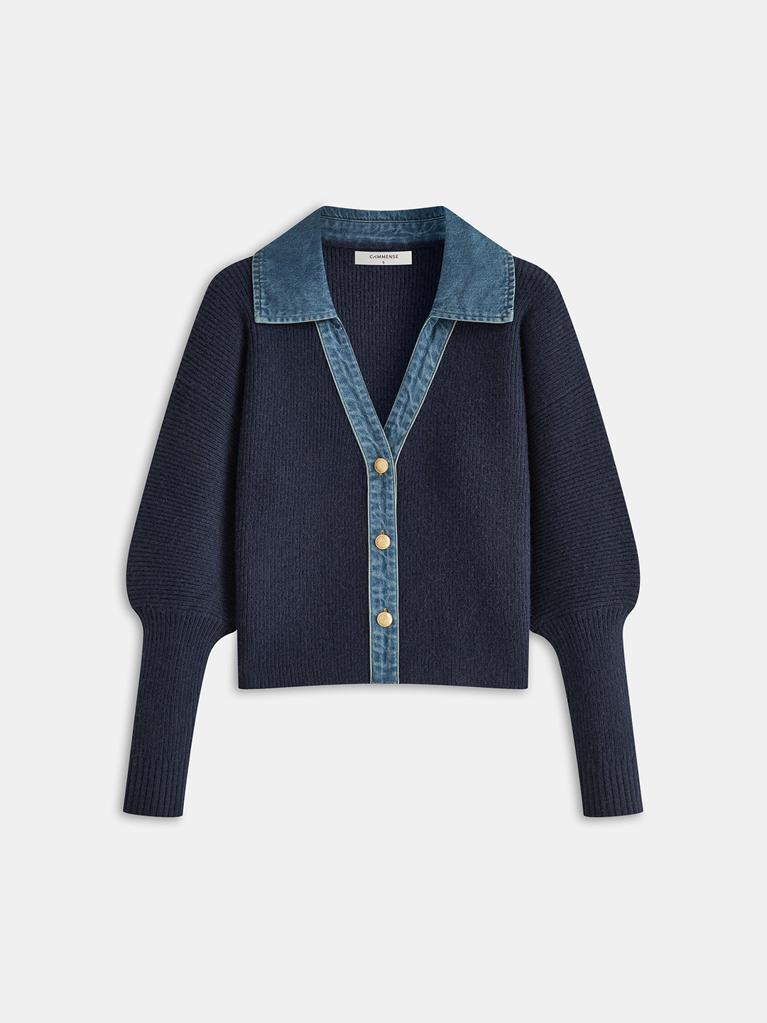 Leg-Of-Mutton Sleeve Denim Panel Knit Cardigan  Liora Lane Boutique Cardigans