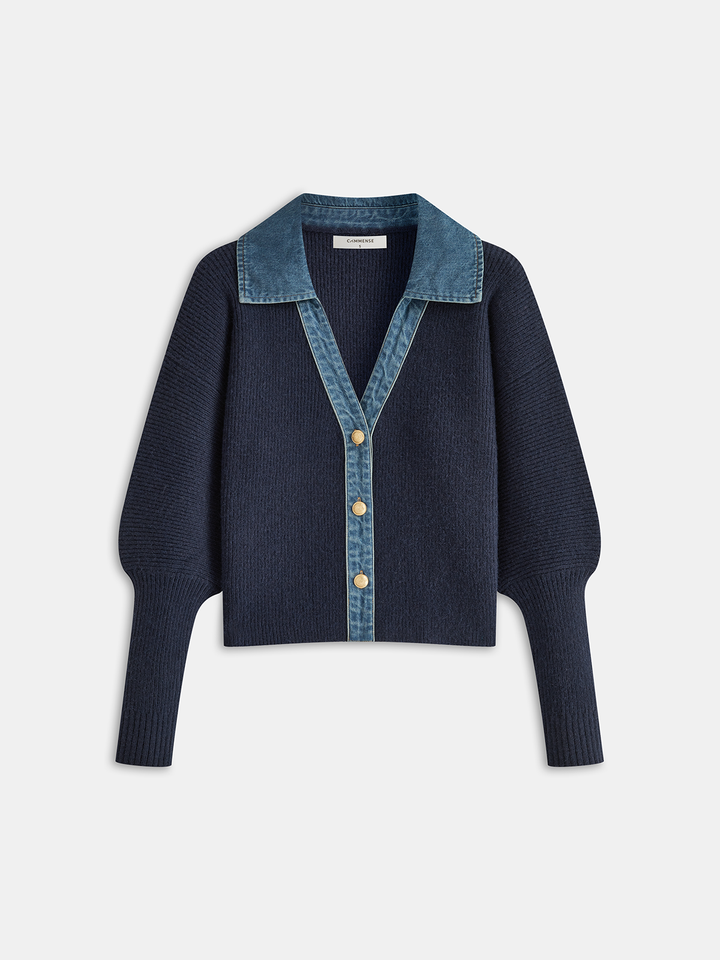 Leg-Of-Mutton Sleeve Denim Panel Knit Cardigan  Liora Lane Boutique Cardigans
