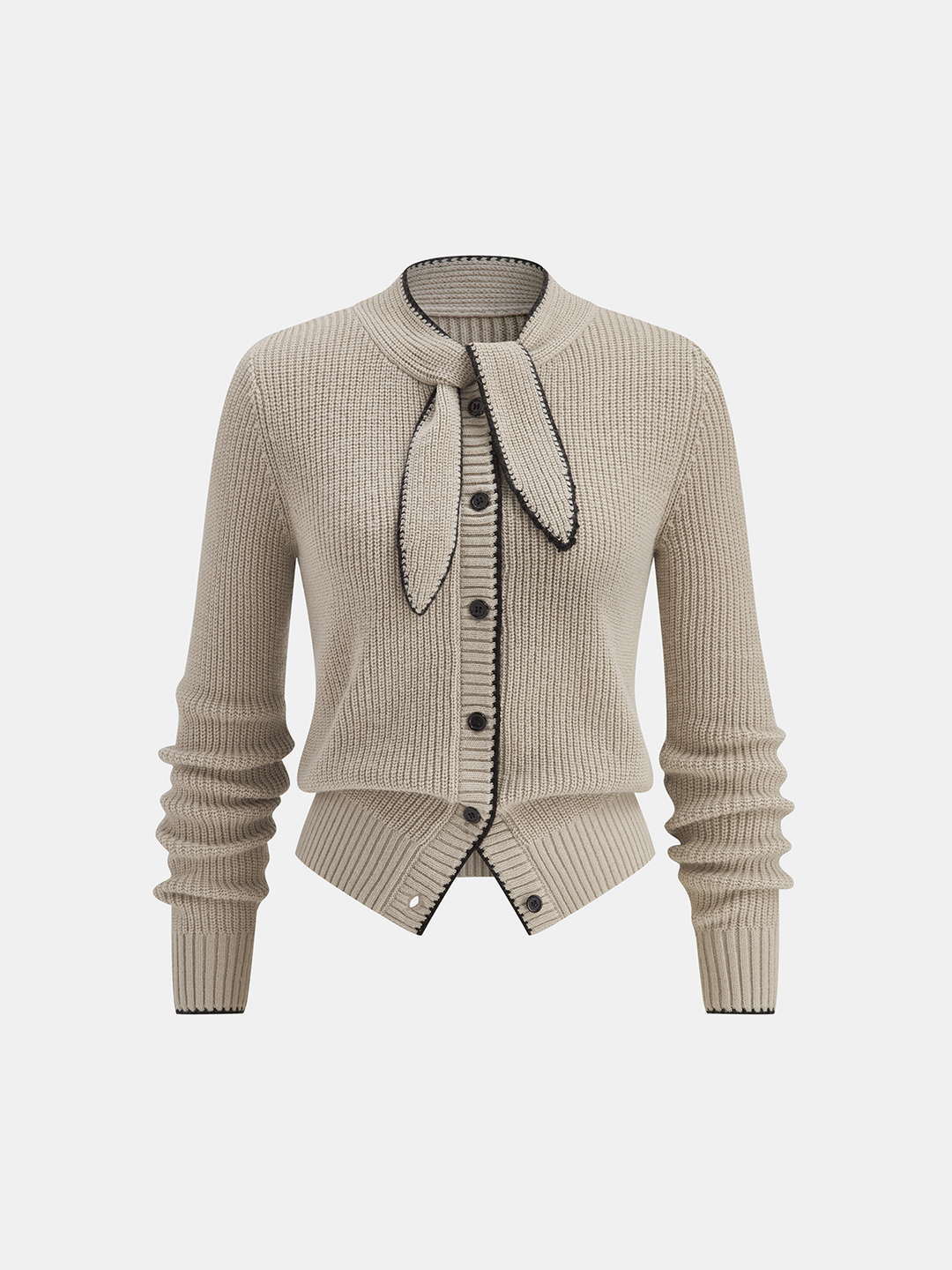 Tie Neck Contrast Trim Wool Blend Cardigan  Liora Lane Boutique Cardigans Khaki / XL 49.00