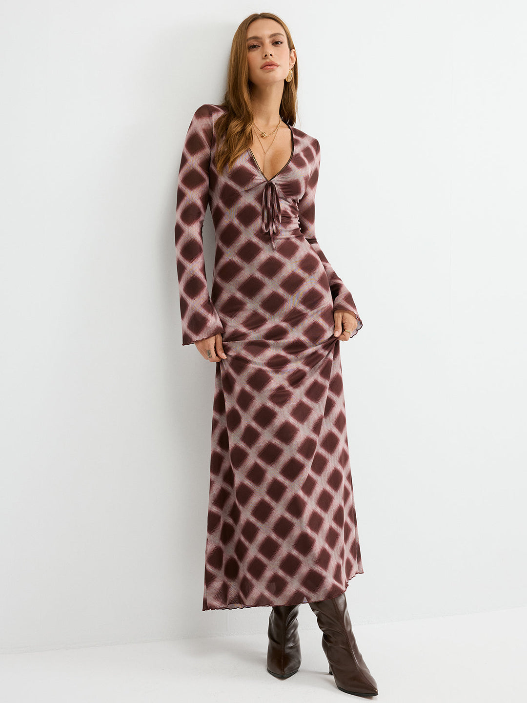 Checkered Mesh Maxi Dress  Liora Lane Boutique Dresses Burgundy / XL 48.00