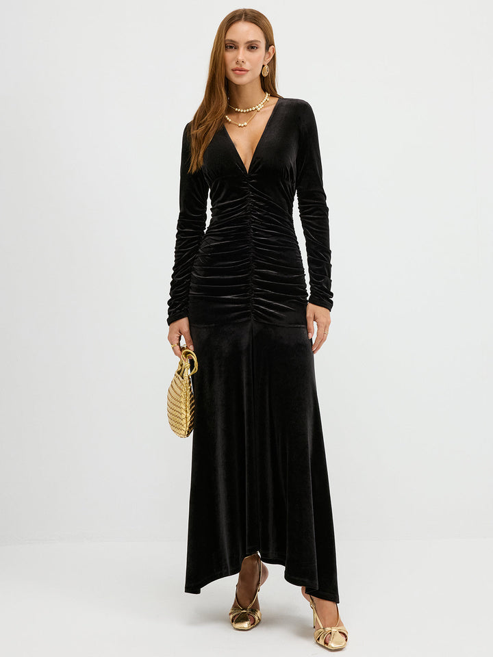 Velvet Ruched Plunge Maxi Dress  Liora Lane Boutique Dresses Black / XL 54.00