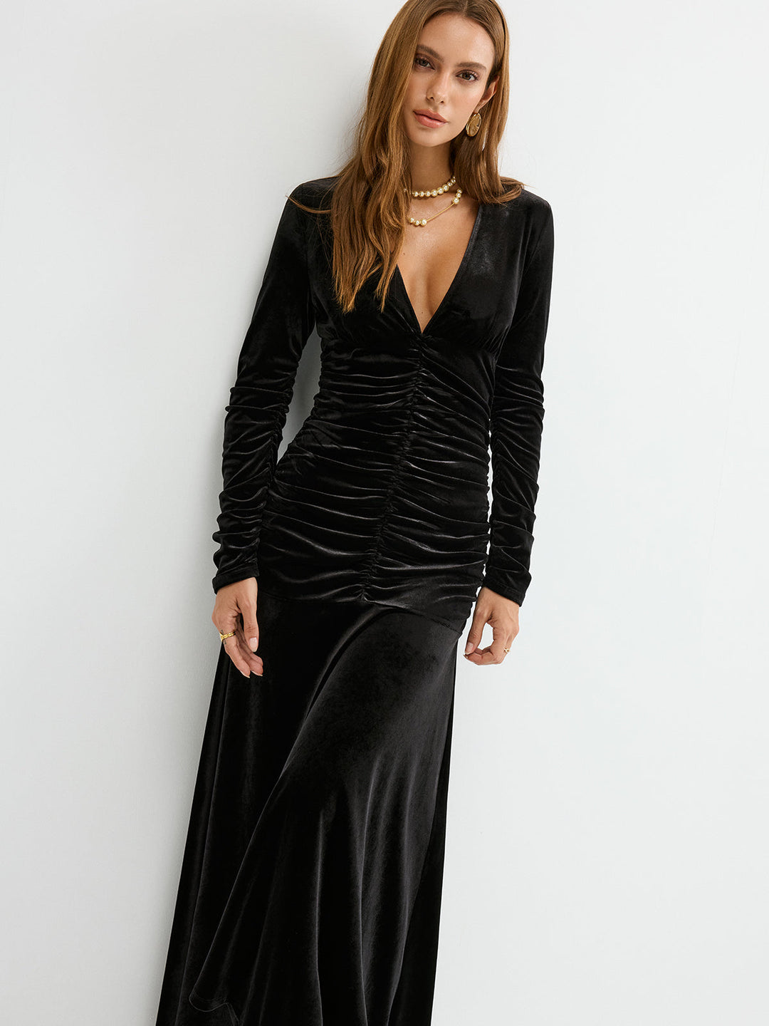 Velvet Ruched Plunge Maxi Dress  Liora Lane Boutique Dresses