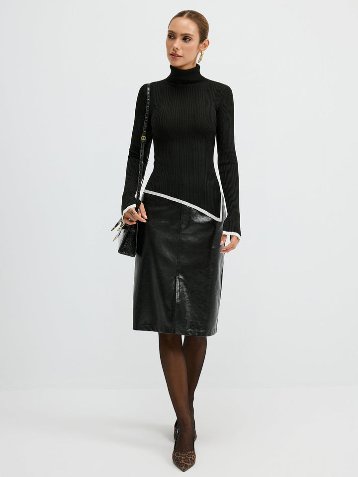 Turtleneck Contrast Trim Slit Wool Blend Knit Top  Liora Lane Boutique Knit Tops