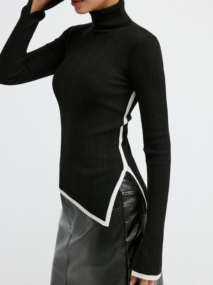 Turtleneck Contrast Trim Slit Wool Blend Knit Top  Liora Lane Boutique Knit Tops Black / XL 38.00