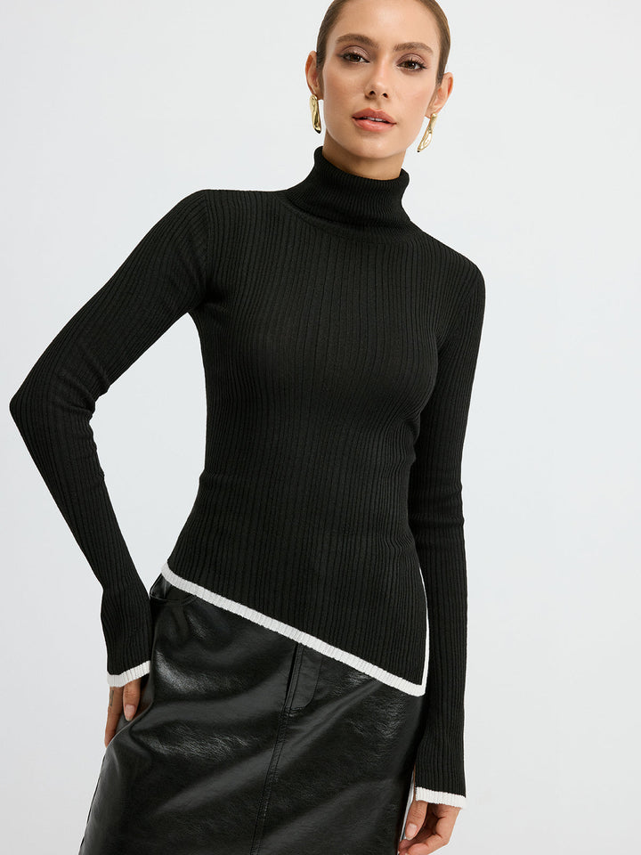 Turtleneck Contrast Trim Slit Wool Blend Knit Top  Liora Lane Boutique Knit Tops